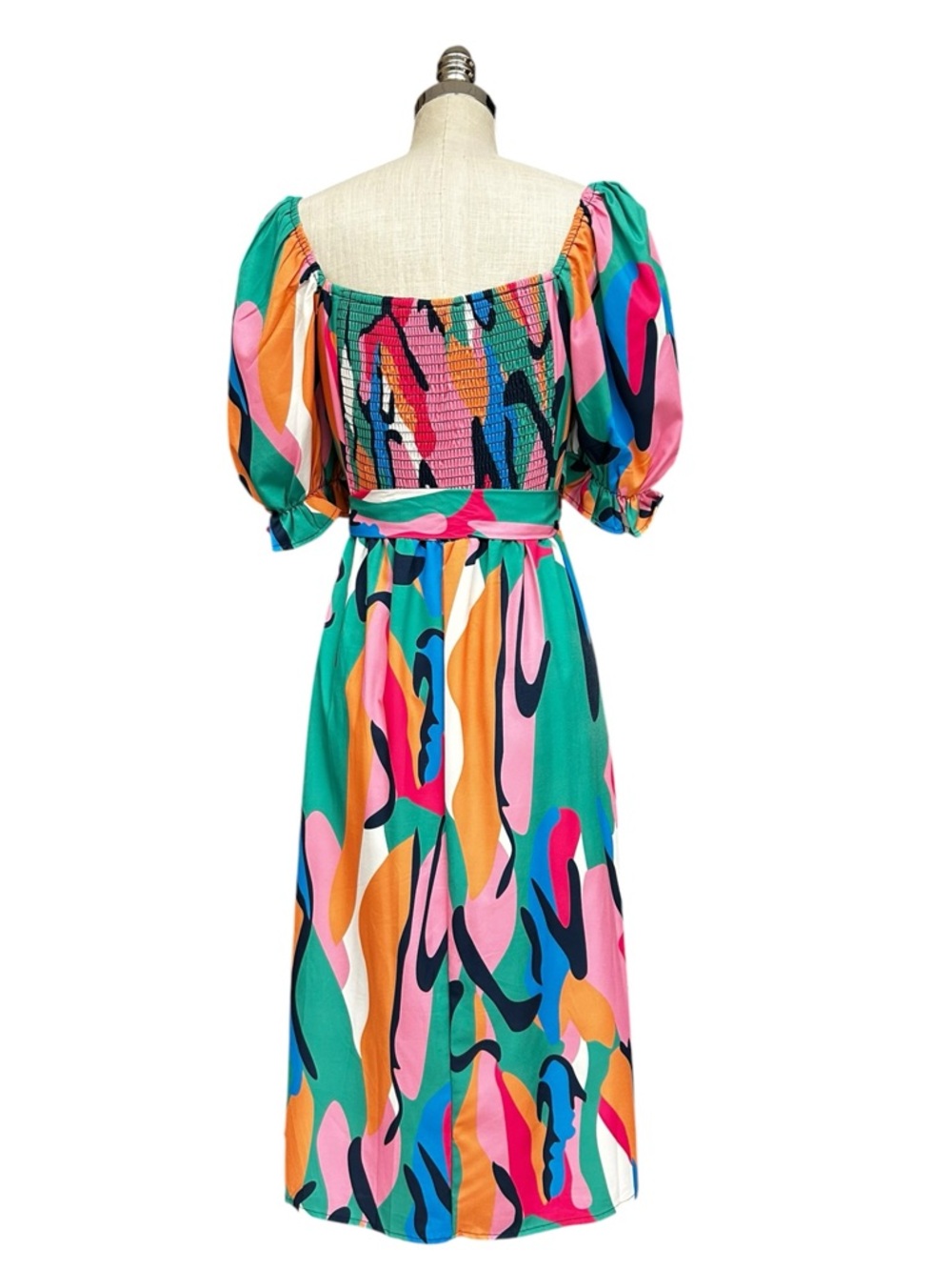 Sunday Up Multicolor Abstract Midi Dress Size Large Puff Sleeve Summer Tea Dress - Picture 8 of 15